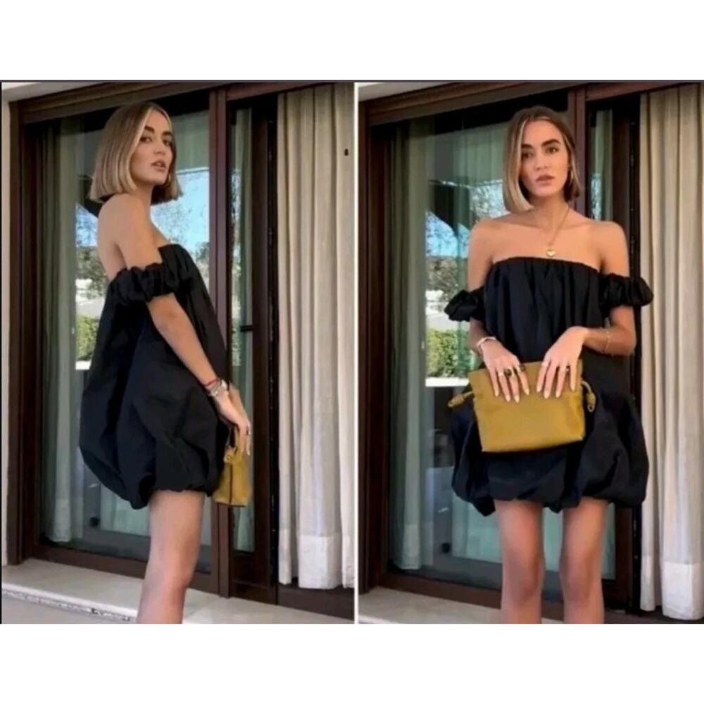 NWT ZARA Black Voluminous Off Shoulder Bubble Taffeta Mini Cocktail Dress M